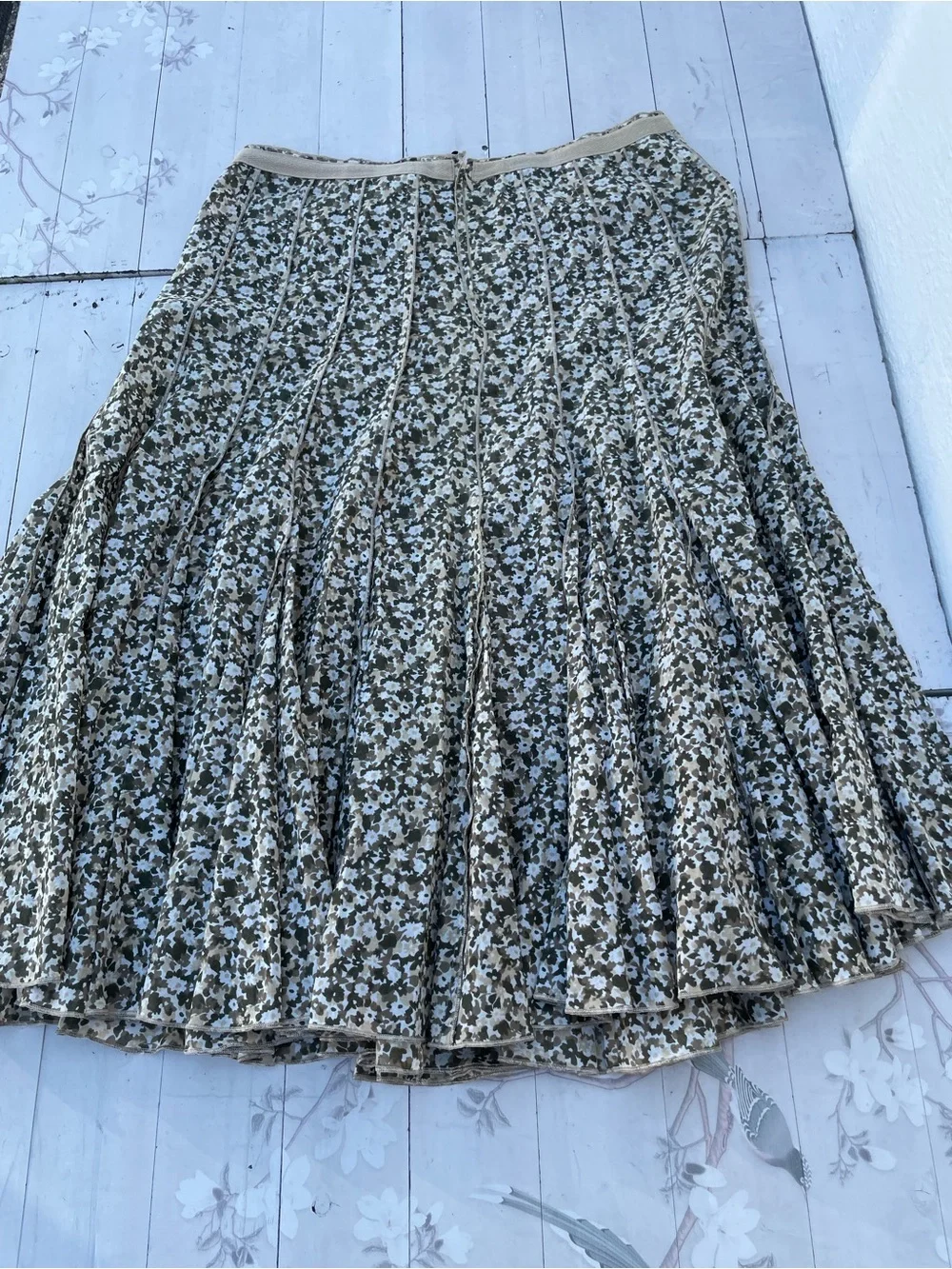 Michael Kors Olive and Cream Floral Pleated Midi Skirt